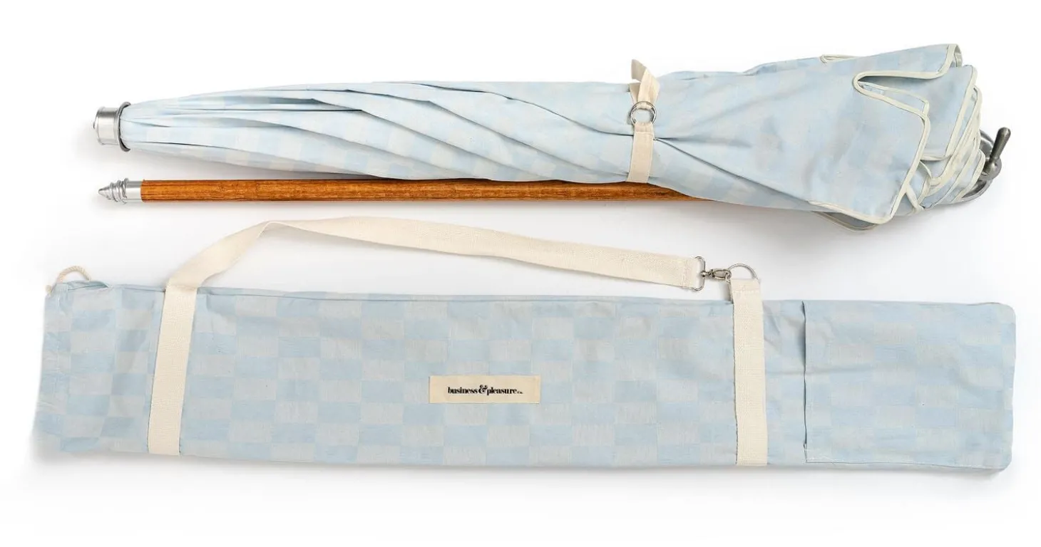 The Premium Beach Umbrella - Vintage Blue Check